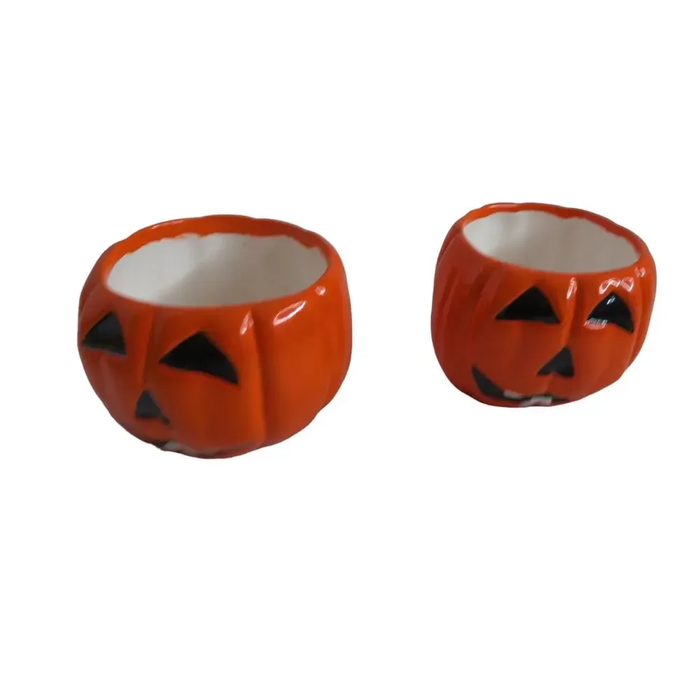 Vintage Pumpkin Halloween Ceramic Candy Trinket Bowl Set of 2